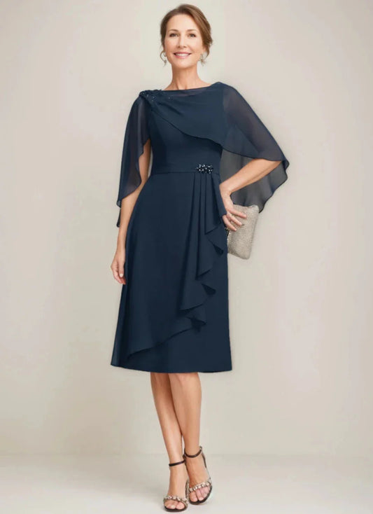 Sheath Column Jewel Neck Tea-Length Mother Of The Bride Dresses with Detachable Cape & Ruffles & Beads