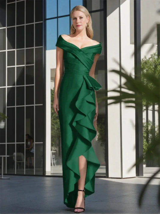 Sheath Column Off-The-Shoulder Sleeveless Pleated Asymmetrical Mother Of The Bride Dresses with Ruffles