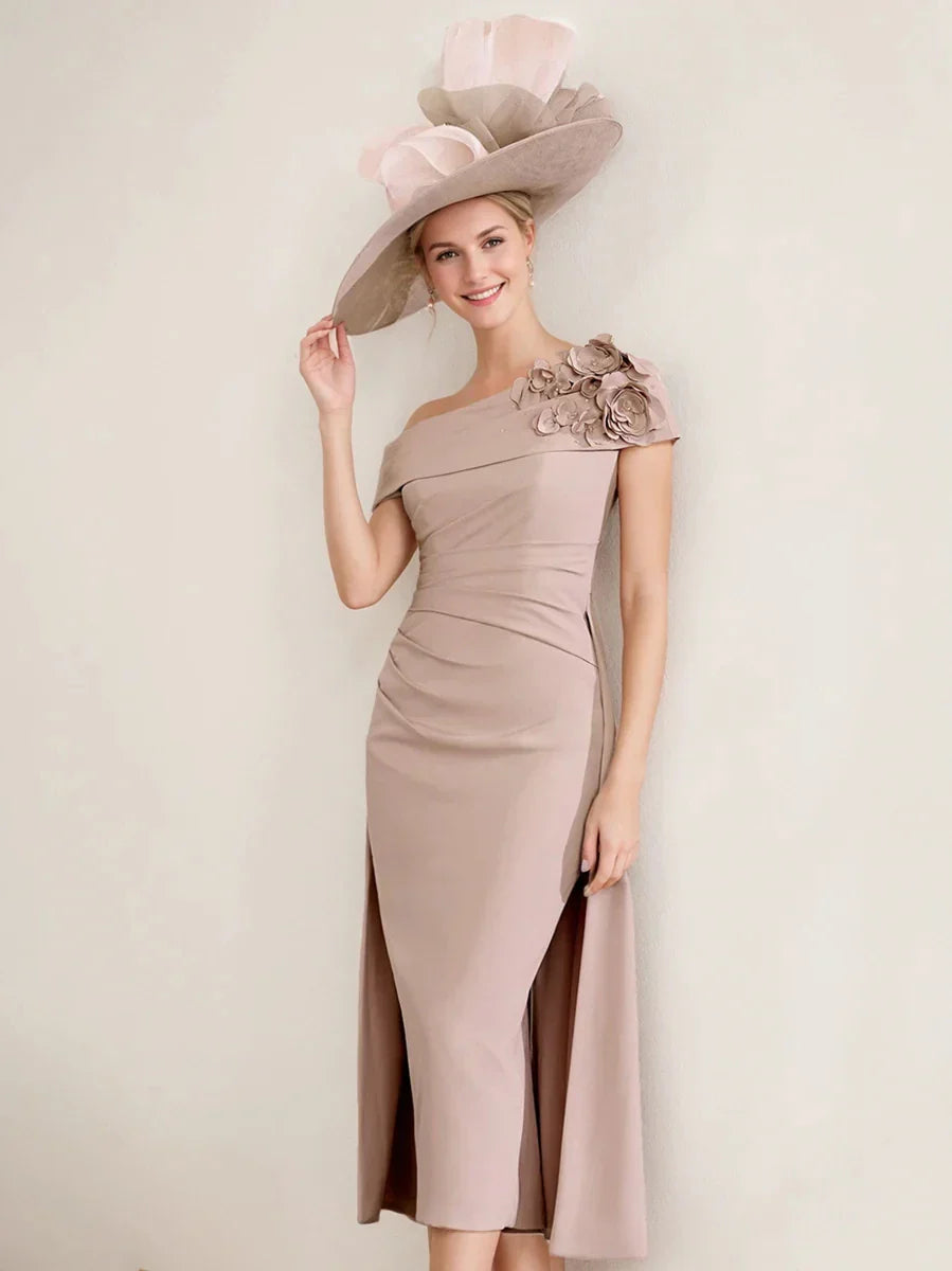 Sheath Column Off-the-Shoulder Pleated Tea-Length Mother of the Bride Dresses with 3D Flower