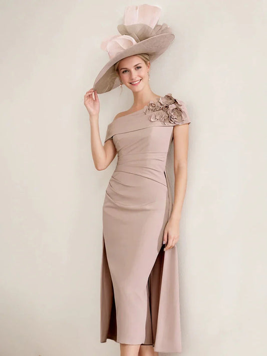 Sheath Column Off-the-Shoulder Pleated Tea-Length Mother of the Bride Dresses with 3D Flower