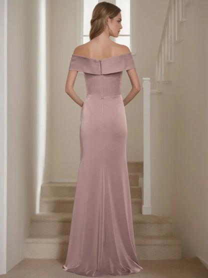 Sheath Column Off-the-Shoulder Short Sleeves Floor-Length Mother of The Bride Dresses With Ruffles