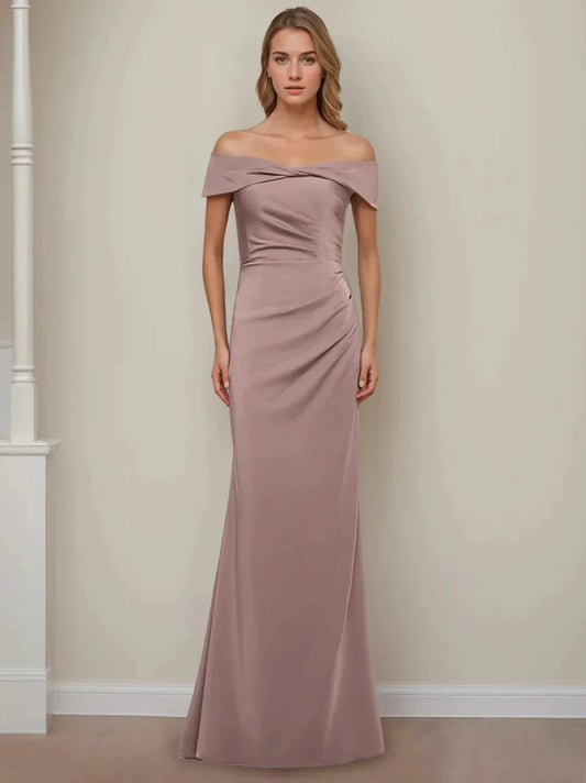 Sheath Column Off-the-Shoulder Short Sleeves Floor-Length Mother of The Bride Dresses With Ruffles
