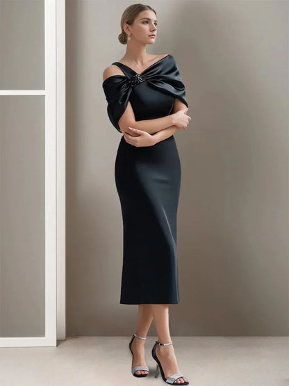 Sheath Column Off-the-Shoulder Short Sleeves Tea-Length Mother of the Bride Dresses