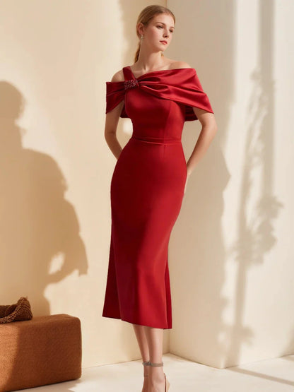 Sheath Column Off-the-Shoulder Short Sleeves Tea-Length Mother of the Bride Dresses