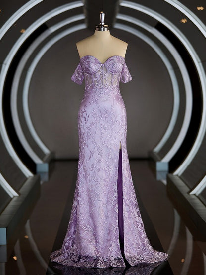 Sheath/Column Off-the-Shoulder Sweep Train Satin Prom Dresses Sleeveless Crossed Straps With Lace