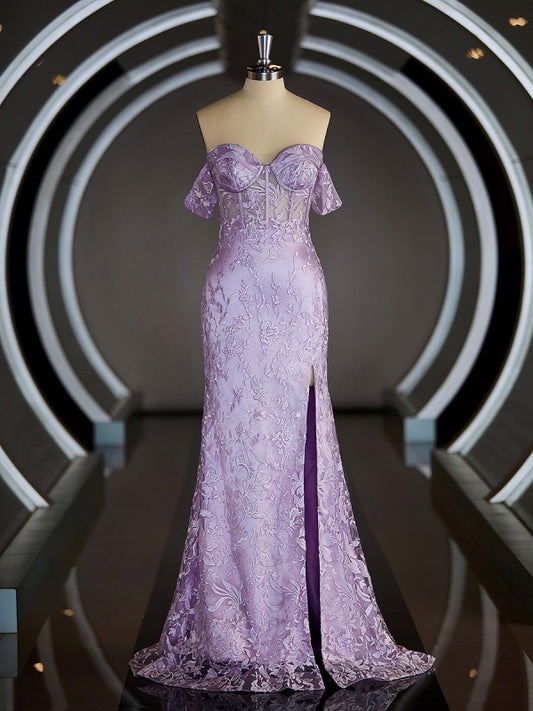 Sheath/Column Off-the-Shoulder Sweep Train Satin Prom Dresses Sleeveless Crossed Straps With Lace