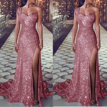 Sheath Column One-Shoulder Floor-length Long Prom Dresses With Split Side