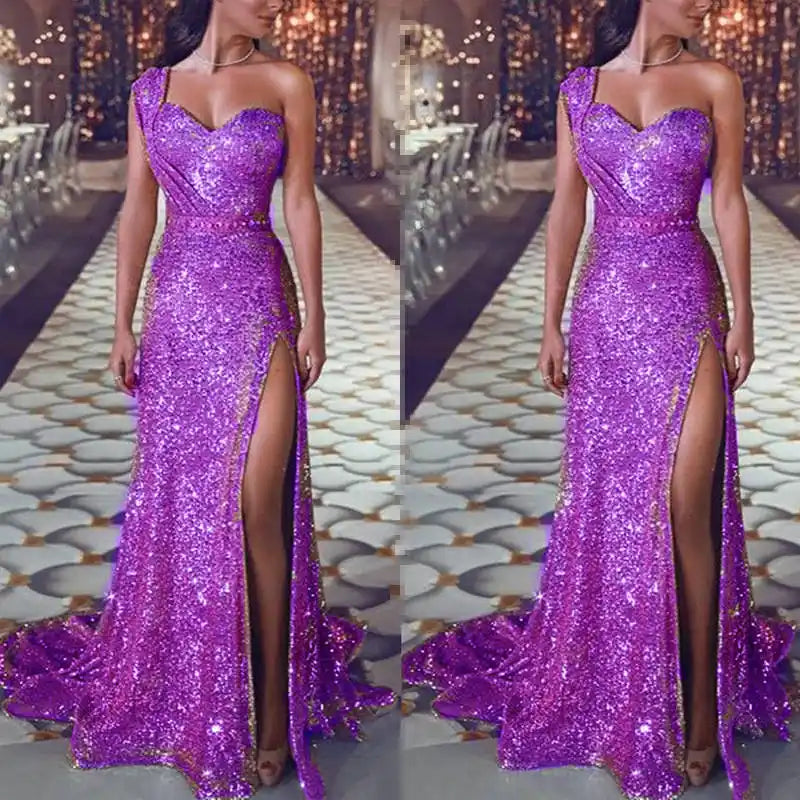 Sheath Column One-Shoulder Floor-length Long Prom Dresses With Split Side