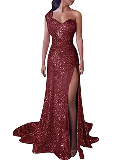 Sheath Column One-Shoulder Floor-length Long Prom Dresses With Split Side