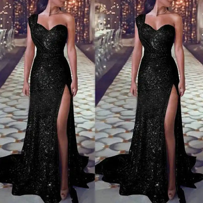 Sheath Column One-Shoulder Floor-length Long Prom Dresses With Split Side