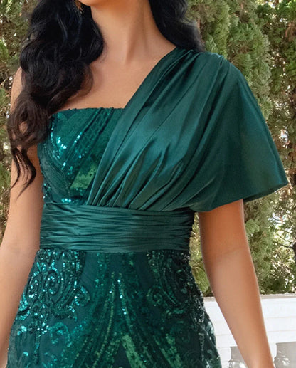 Sheath Column One-Shoulder Ruched Evening Dresses with Sequins & Tulle & Detachable Train