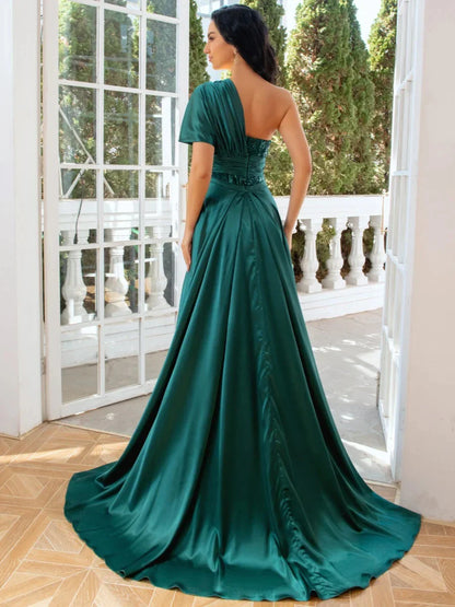 Sheath Column One-Shoulder Ruched Evening Dresses with Sequins & Tulle & Detachable Train