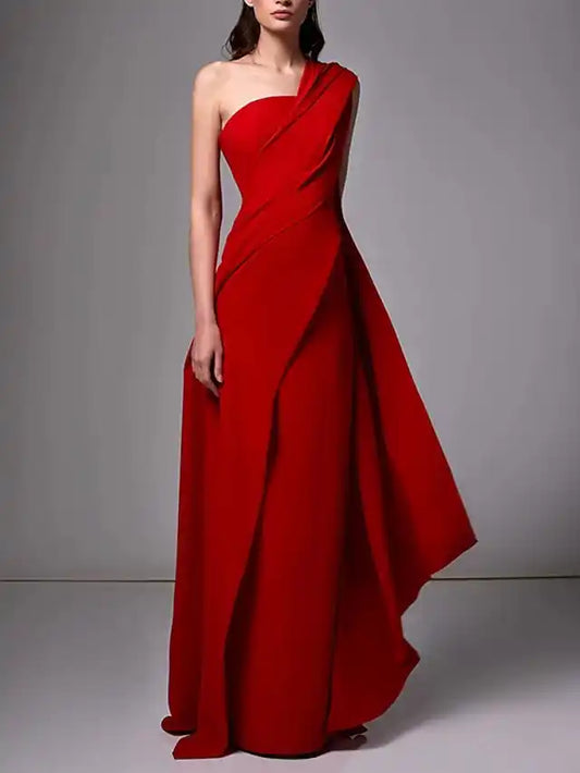 Sheath Column One-Shoulder Sleeveless Evening Dresses With Pleats Ruched