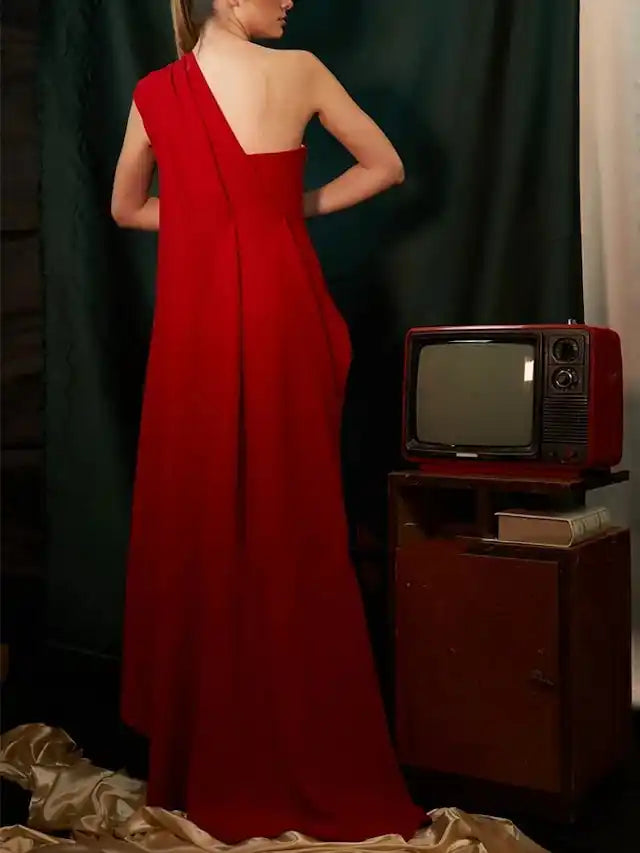 Sheath Column One-Shoulder Sleeveless Evening Dresses With Pleats Ruched