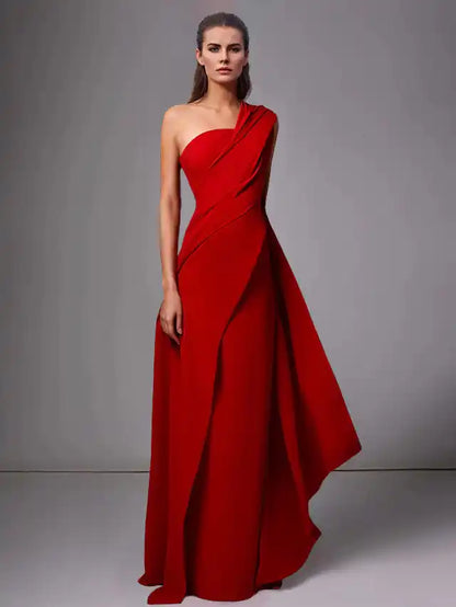 Sheath Column One-Shoulder Sleeveless Evening Dresses With Pleats Ruched