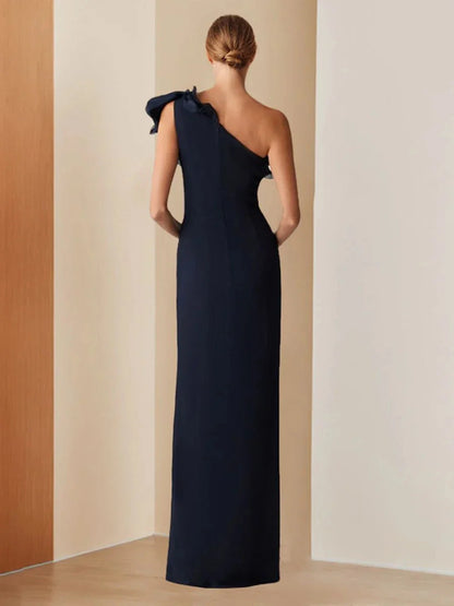 Sheath Column One-Shoulder Sleeveless Floor-Length Chic Evening Dresses with Ruffles