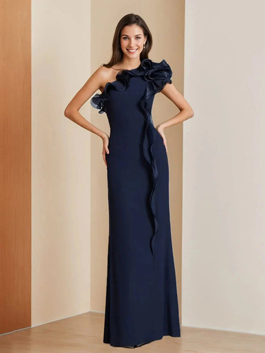 Sheath Column One-Shoulder Sleeveless Floor-Length Chic Evening Dresses with Ruffles
