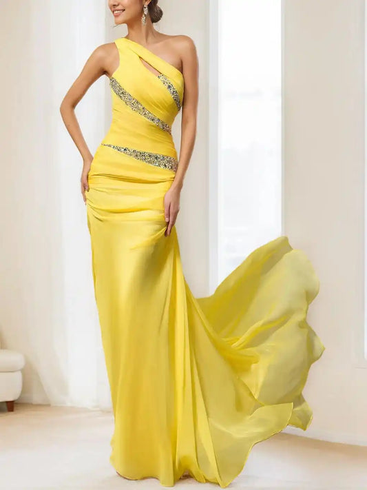 Sheath Column One-Shoulder Sleeveless Floor-Length Evening Dress with Ruched, Sequin & Crystals