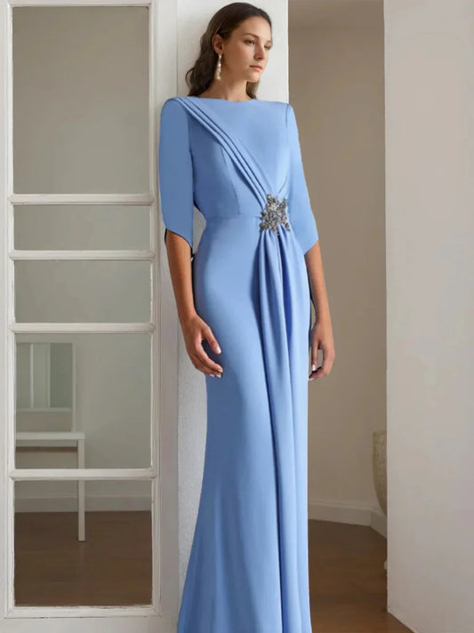 Sheath Column Scoop 12 Length Sleeves Floor-Length Mother of the Bride & Groom Dresses with Rhinestone