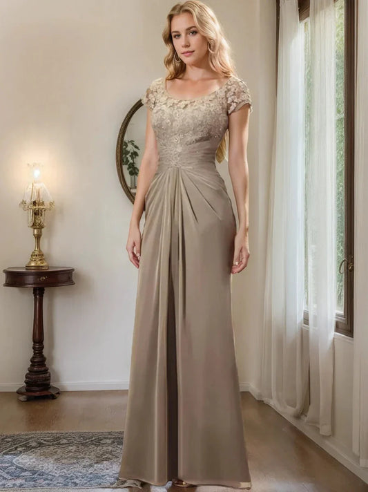 Sheath Column Scoop Floor-Length Chiffon Mother of the Bride Dresses With Lace Ruffle