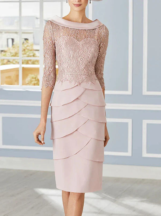 Sheath Column Scoop Neck 34 Sleeves Knee-Length Mother of the Bride Dresses with Lace