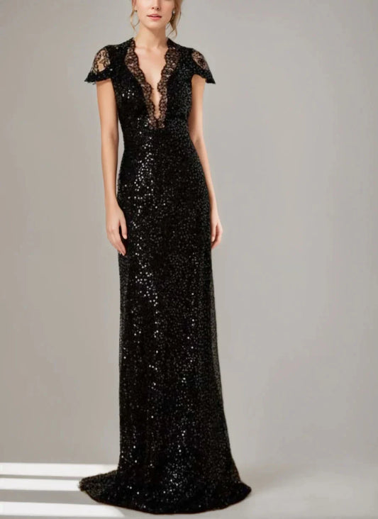 Sheath Column Sequined Floor-Length Plunge V-Neck Mother Of The Bride Dresses with Lace & Slit
