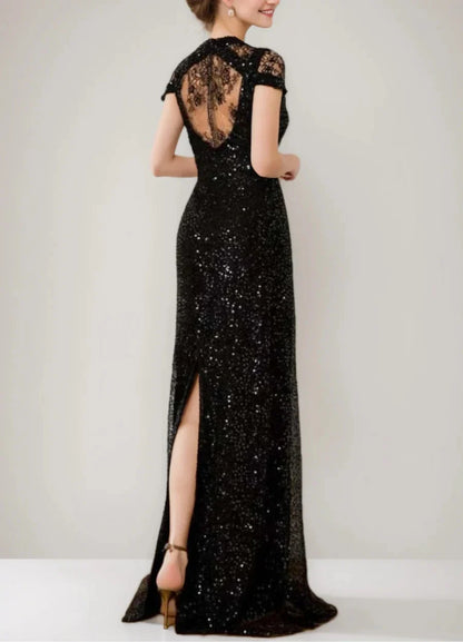 Sheath Column Sequined Floor-Length Plunge V-Neck Mother Of The Bride Dresses with Lace & Slit