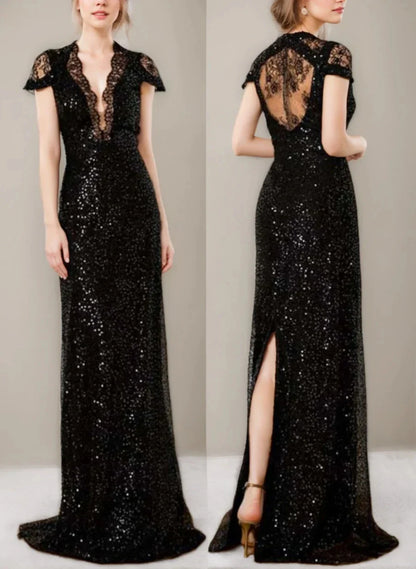 Sheath Column Sequined Floor-Length Plunge V-Neck Mother Of The Bride Dresses with Lace & Slit