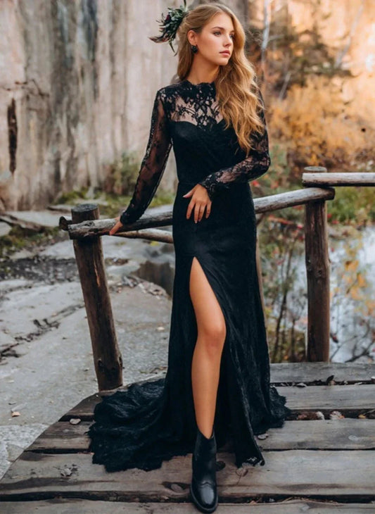 Sheath Column Sexy Jewel Neck Long Sleeves Backless Sweep Train Black Wedding Dresses with Side Slit