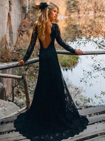 Sheath Column Sexy Jewel Neck Long Sleeves Backless Sweep Train Black Wedding Dresses with Side Slit