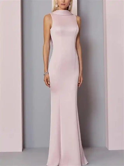 Sheath Column Sleeveless High Neck Floor-Length Evening Dresses with Pleats