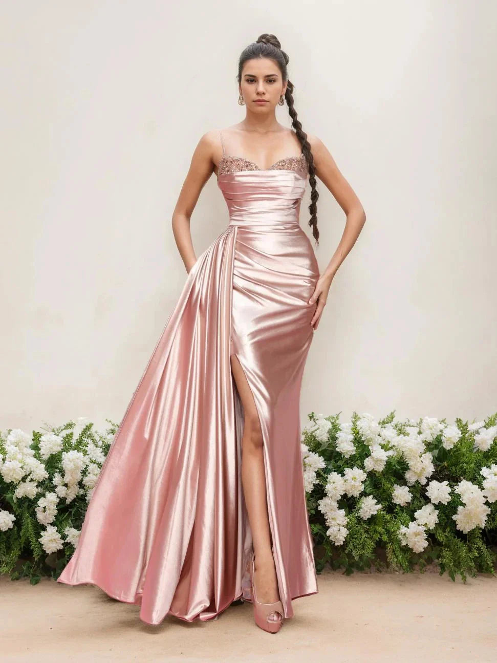 Sheath Column Spaghetti Straps Sleeveless Floor-Length Mother of the Bride Dresses with Split Side