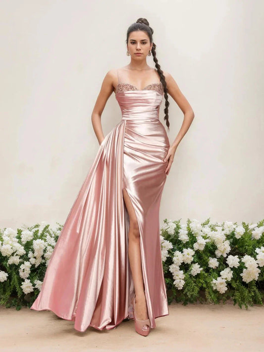 Sheath Column Spaghetti Straps Sleeveless Floor-Length Mother of the Bride Dresses with Split Side