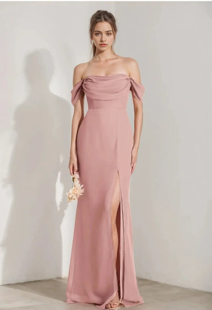Sheath Column Strapless Sleeveless Floor-Length Bridesmaid Dresses with Split Side & Ruffles