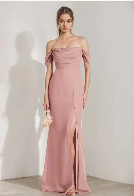 Sheath Column Strapless Sleeveless Floor-Length Bridesmaid Dresses with Split Side & Ruffles
