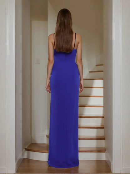 Sheath Column Strapless Sleeveless Floor-Length Prom Evening Dresses With Split Side & Bowknot