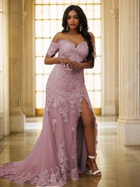 Sheath/Column Tulle Applique Off-the-Shoulder Sleeveless Sweep Train Dresses With Slit