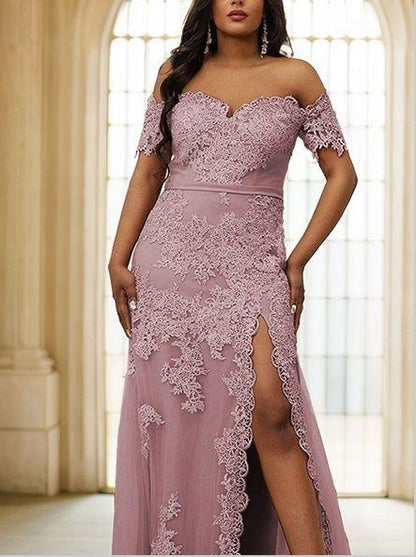 Sheath/Column Tulle Applique Off-the-Shoulder Sleeveless Sweep Train Dresses With Slit