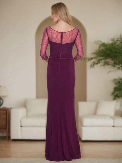 Sheath Column V-Neck 34 Length Sleeves Floor-Length Mother of the Bride Dresses With Rhinestones & Ruched & Ruffles