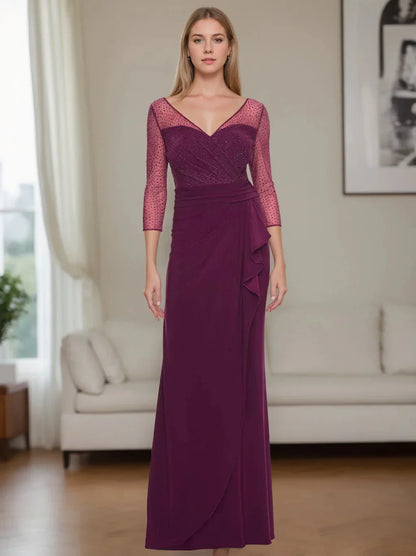 Sheath Column V-Neck 34 Length Sleeves Floor-Length Mother of the Bride Dresses With Rhinestones & Ruched & Ruffles