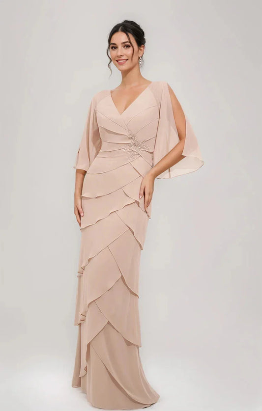 Sheath Column V-Neck 34 Sleeves Mother Of The Bride & Groom Dresses with Appliques & Ruffles
