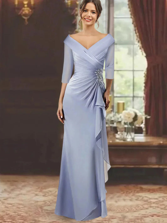 Sheath Column V-Neck Half Sleeves Floor-Length Mother of the Bride Dresses with Ruffles & Appliques