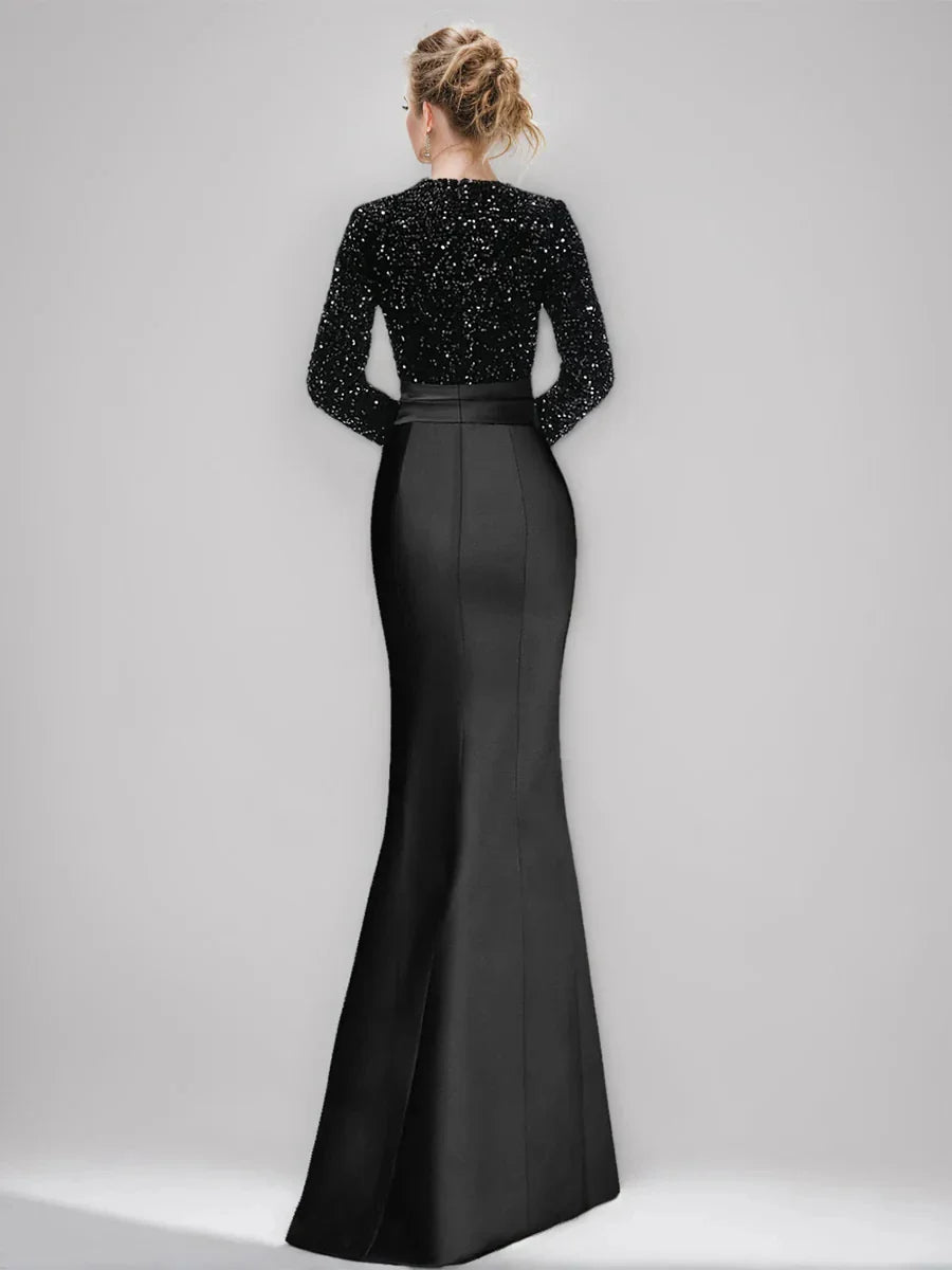 Sheath Column V-Neck Long Sleeves Asymmetrical Elegant Evening Dresses with Sequins & Ruffles