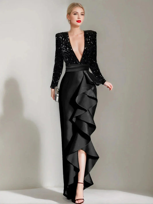 Sheath Column V-Neck Long Sleeves Asymmetrical Elegant Evening Dresses with Sequins & Ruffles