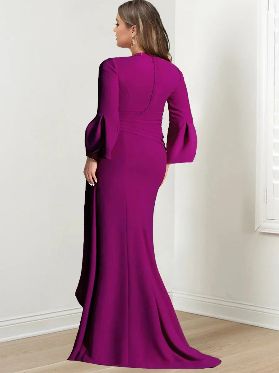 Sheath Column V-Neck Long Sleeves Floor-Length Plus Size Mother of the Bride Dresses With Split Side