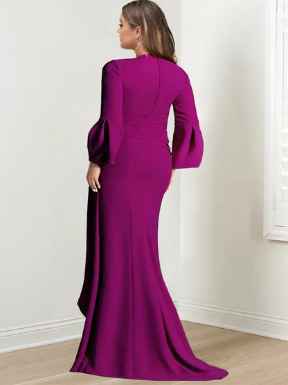 Sheath Column V-Neck Long Sleeves Floor-Length Plus Size Mother of the Bride Dresses With Split Side