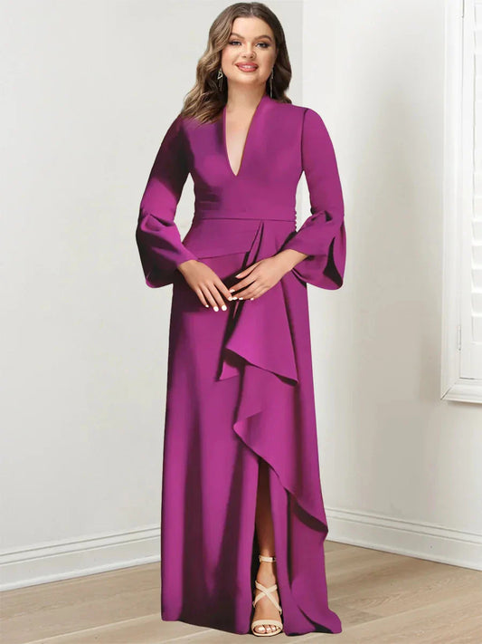 Sheath Column V-Neck Long Sleeves Floor-Length Plus Size Mother of the Bride Dresses With Split Side
