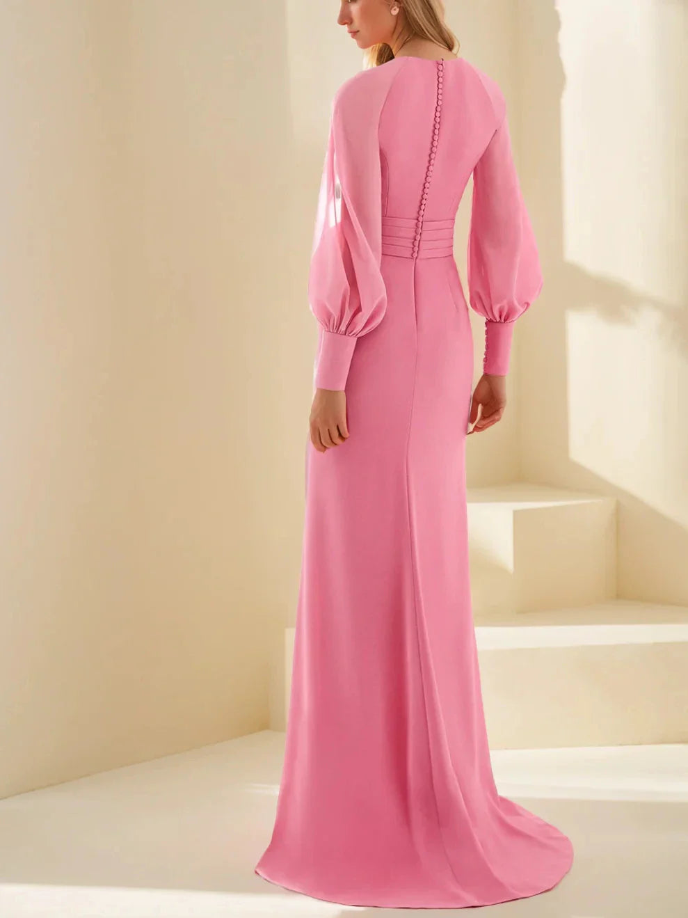 Sheath Column V-Neck Long Sleeves Floor-Length Unique Mother of the Bride Dresses with Ruffles