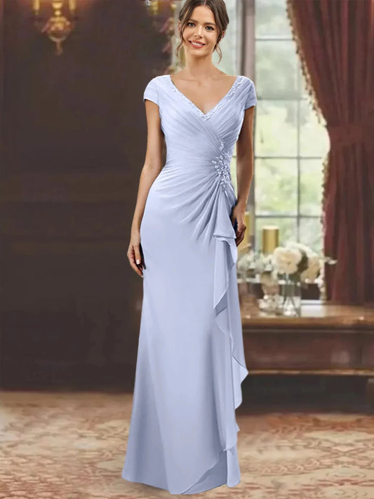 Sheath Column V-Neck Short Sleeves Floor-Length Mother of the Bride Dresses With Ruffles & Appliques