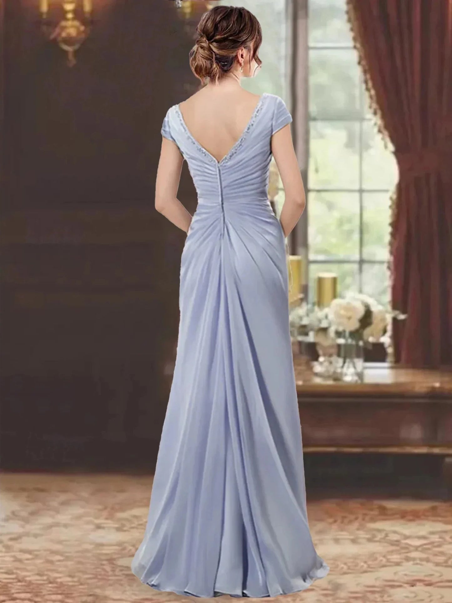 Sheath Column V-Neck Short Sleeves Floor-Length Mother of the Bride Dresses With Ruffles & Appliques